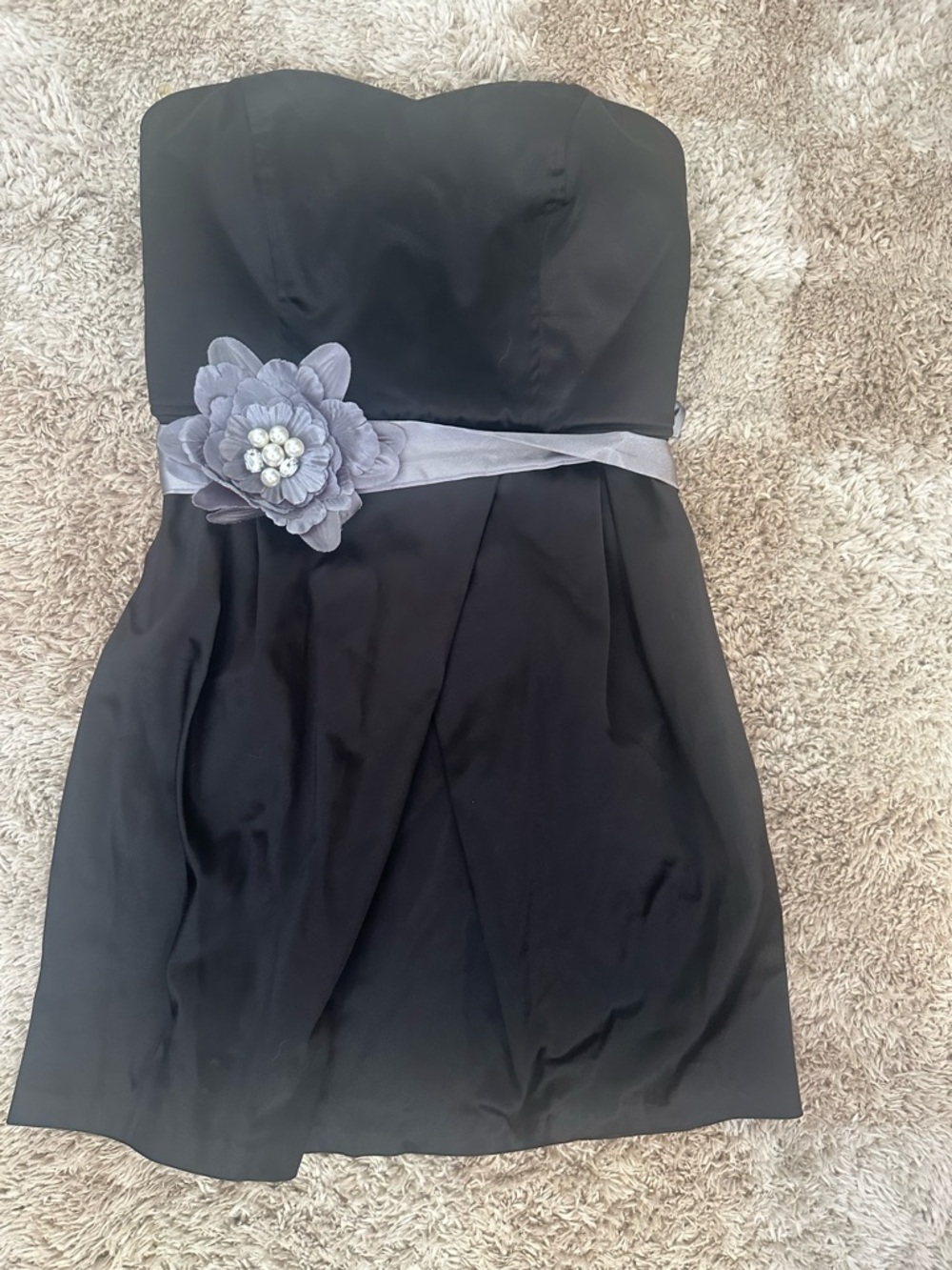Vintage Trixxi Black Strapless Cocktail / homecomingDress with Gray Floral Sash